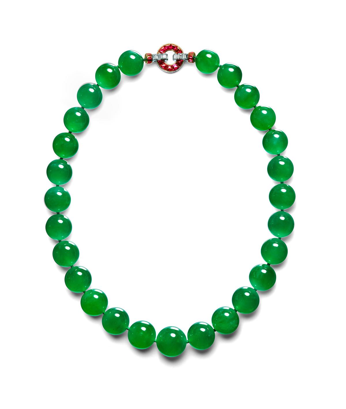 Burmese jade necklace that belonged to American heiress Barbara Hutton, 1934, by Cartier Paris. Jade, rubies, diamonds, platinum, and gold. (Courtesy of Cartier)