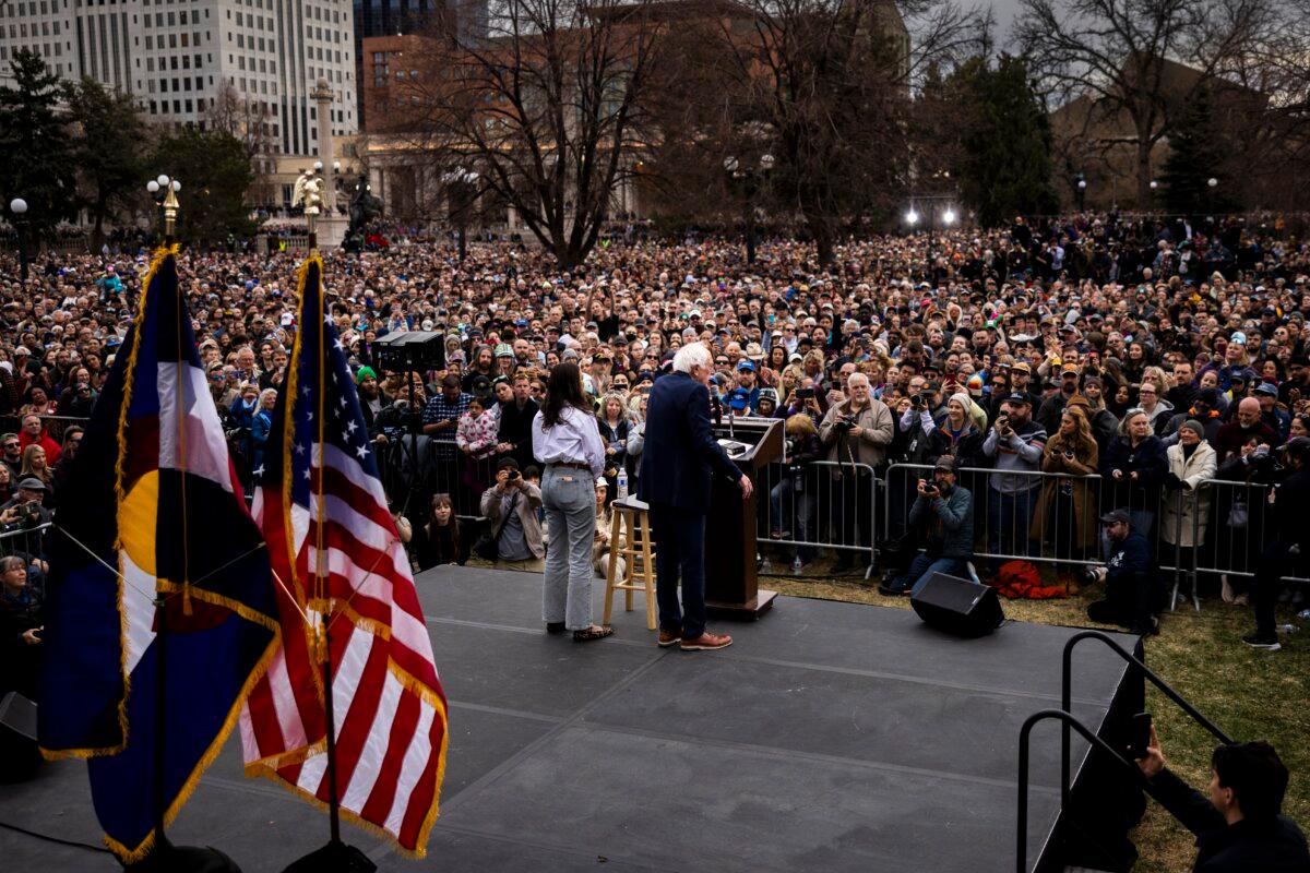 Sen. Bernie Sanders (I-Vt.) speaks during a rally at Civic Center Park in Denver, Colo., on March 21, 2025. (Chet Strange/Getty Images)