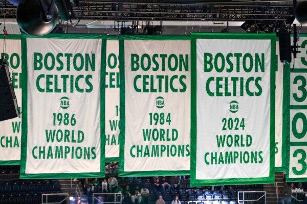 A general view of the 2024 NBA Champion Banner before a game between the Milwaukee Bucks and the Boston Celtics at the TD Garden in Boston, Mass., on Oct. 28, 2024. (Brian Fluharty/Getty Images)