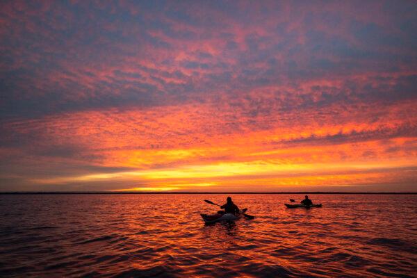 Greg Pflug (L) and Fred Goebel (R) are silhouetted by a vibrant sunrise over Lake George in Ocala National Forest during a kayak trip on the St. Johns River. (Patrick Connolly/Orlando Sentinel/TNS)