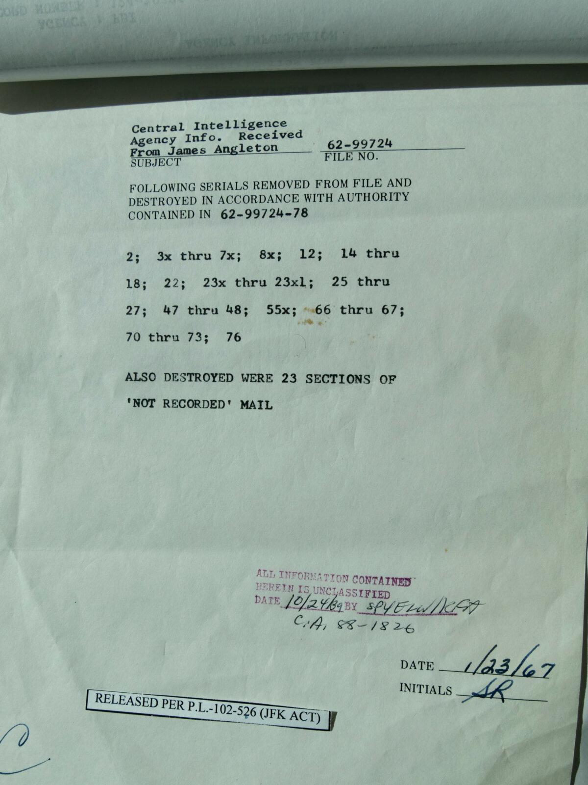 Records within the JFK files, including this page related to counterintelligence chief James Angleton, indicate that other documents were destroyed. (Travis Gillmore/The Epoch Times)