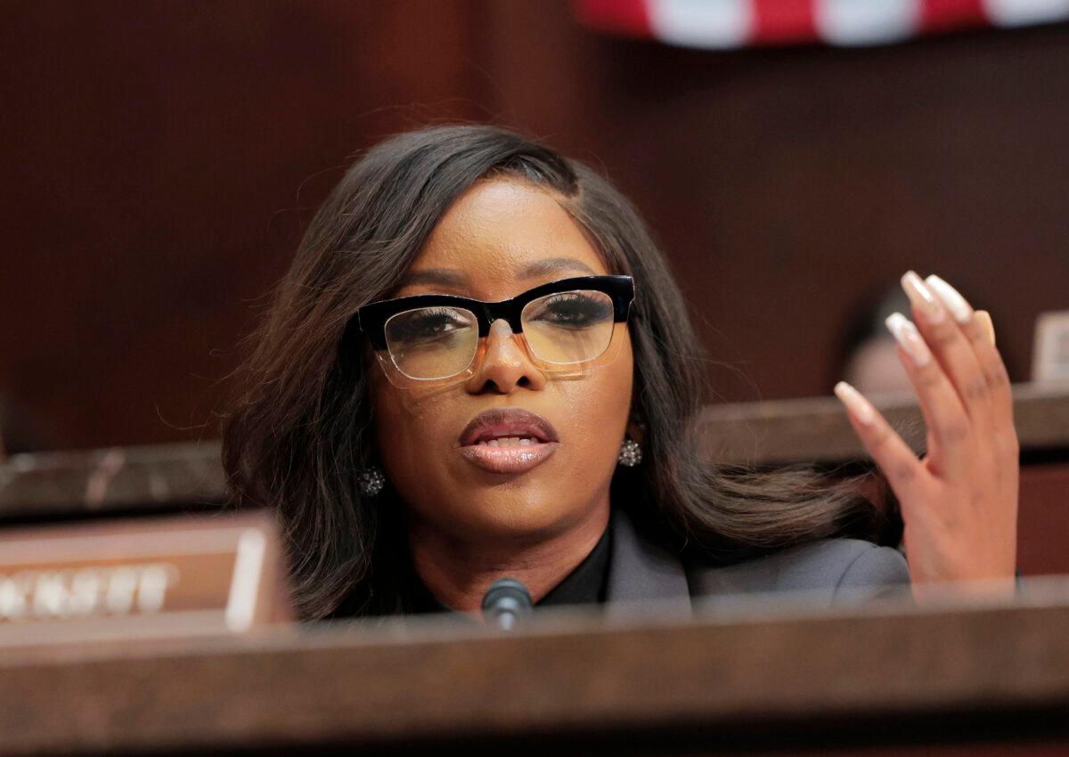 Rep. Jasmine Crockett (D-Texas) speaks during a hearing with the Subcommittee on Delivering on Government Efficiency in Washington on Feb. 26, 2025. (Anna Moneymaker/Getty Images)
