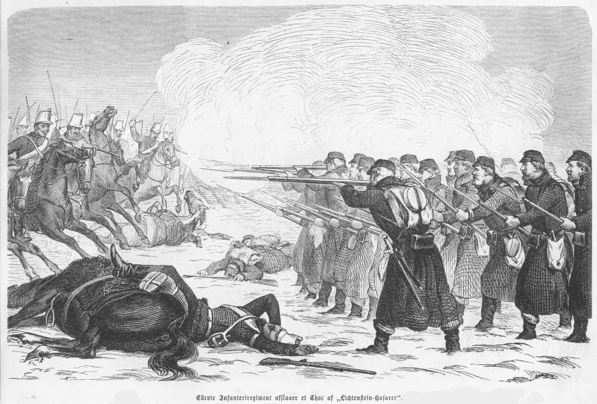 Danish Infantry Regiment repels attack by Austrian hussars, during the Second Schleswig War. (Public Domain)