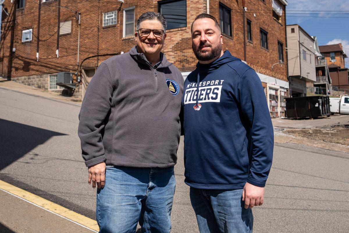 Marc Gergely (L), brother of the late Rep. Matthew Gergely, and Dan Goughnour on the day of the win by Goughnour, a Democrat, in Pennsylvania's 35th Assembly District special election, in West Homestead, Pa., on March 25, 2025. (Madalina Vasiliu/The Epoch Times)