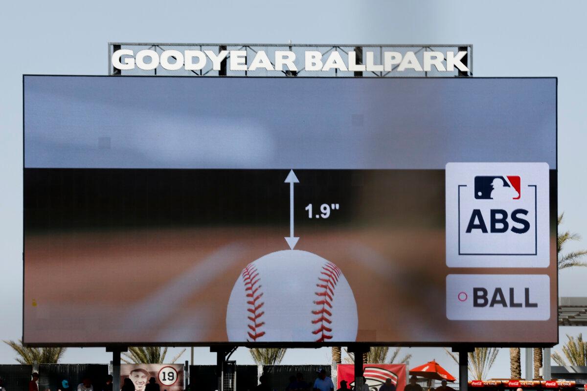 A view of the scoreboard during an ABS challenge in a spring training game between the Cincinnati Reds and Arizona Diamondbacks at Goodyear Ballpark in Goodyear, Ariz., on Feb. 27, 2025. (Tim Warner/Getty Images)
