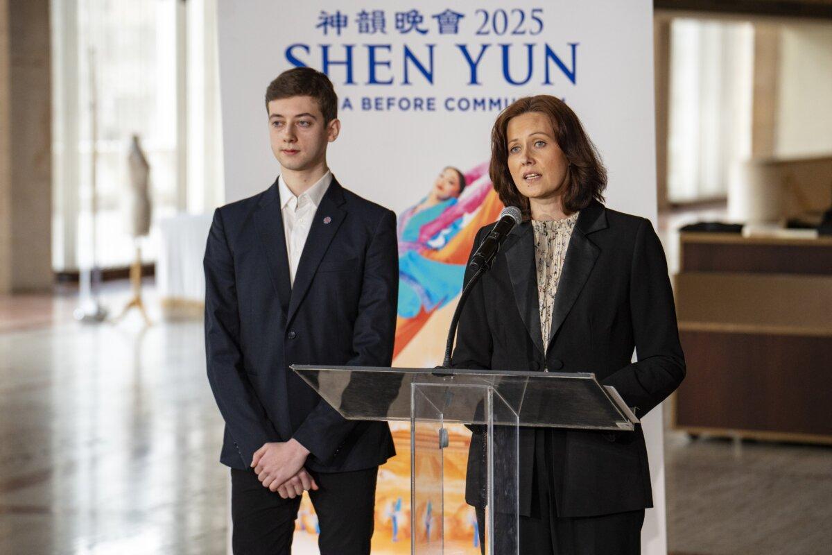 Kay Rubacek (R), parent of Lee Rubacek, student at Fei Tian College (L), speaks at a press conference highlighting the Chinese Communist Party's transnational repression activities targeting the company, at Lincoln Center in New York City on March 26, 2025. (Samira Bouaou/The Epoch Times)
