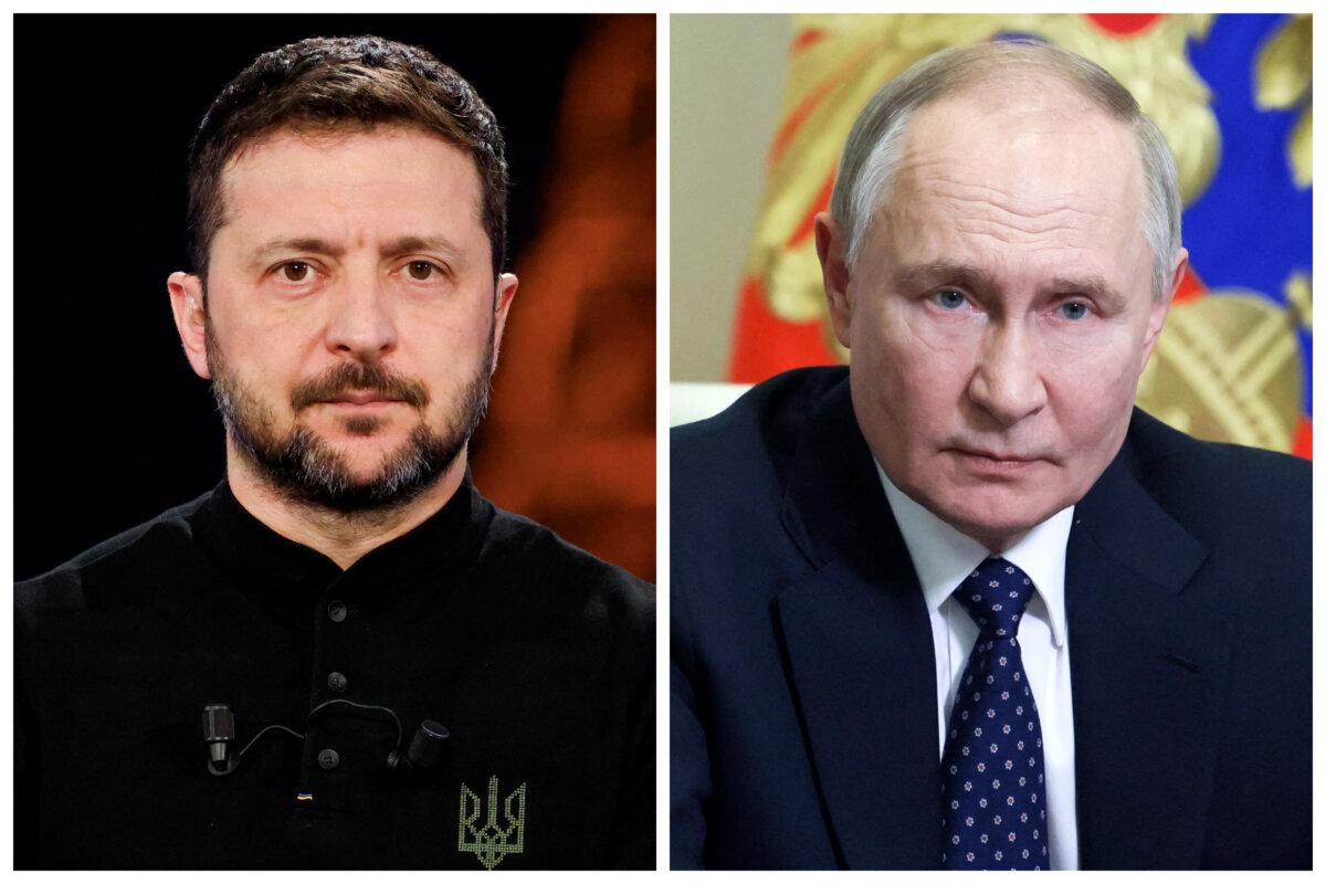 (Left) Ukrainian President Volodymyr Zelenskyy at the Musee de L'Homme in Paris on March 26, 2025. (Right) Russian President Vladimir Putin at the Novo-Ogaryovo state residence outside Moscow on March 14, 2025. (Ludovic Marin, Aleksey Babushkin/AFP via Getty Images)