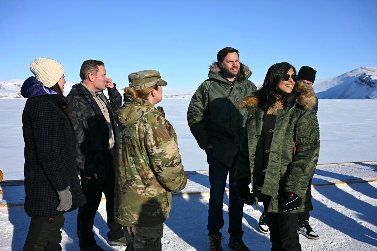 Vice President JD Vance (2nd R) and Second Lady Usha Vance (R), with national security advisor Mike Waltz (2nd L), tour the U.S. military's Pituffik Space Base in Pituffik, Greenland, on March 28, 2025. (Jim Watson/Pool via Getty Images)
