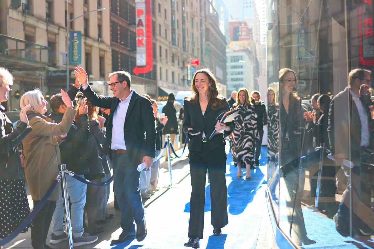 CoreWeave CEO Mike Intrator (L) greets people during the company's Initial Public Offering at the Nasdaq headquarters in New York City on March 28, 2025. (Michael M. Santiago/Getty Images)