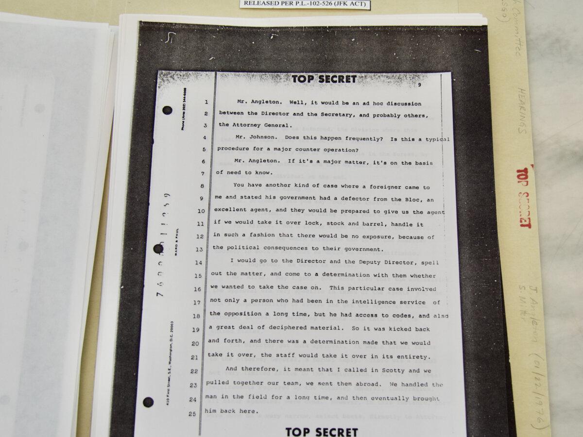 Page 9 of James Angleton's testimony to the Church Committee, as seen at the National Archives on March 20, 2025. (Travis Gillmore/The Epoch Times)