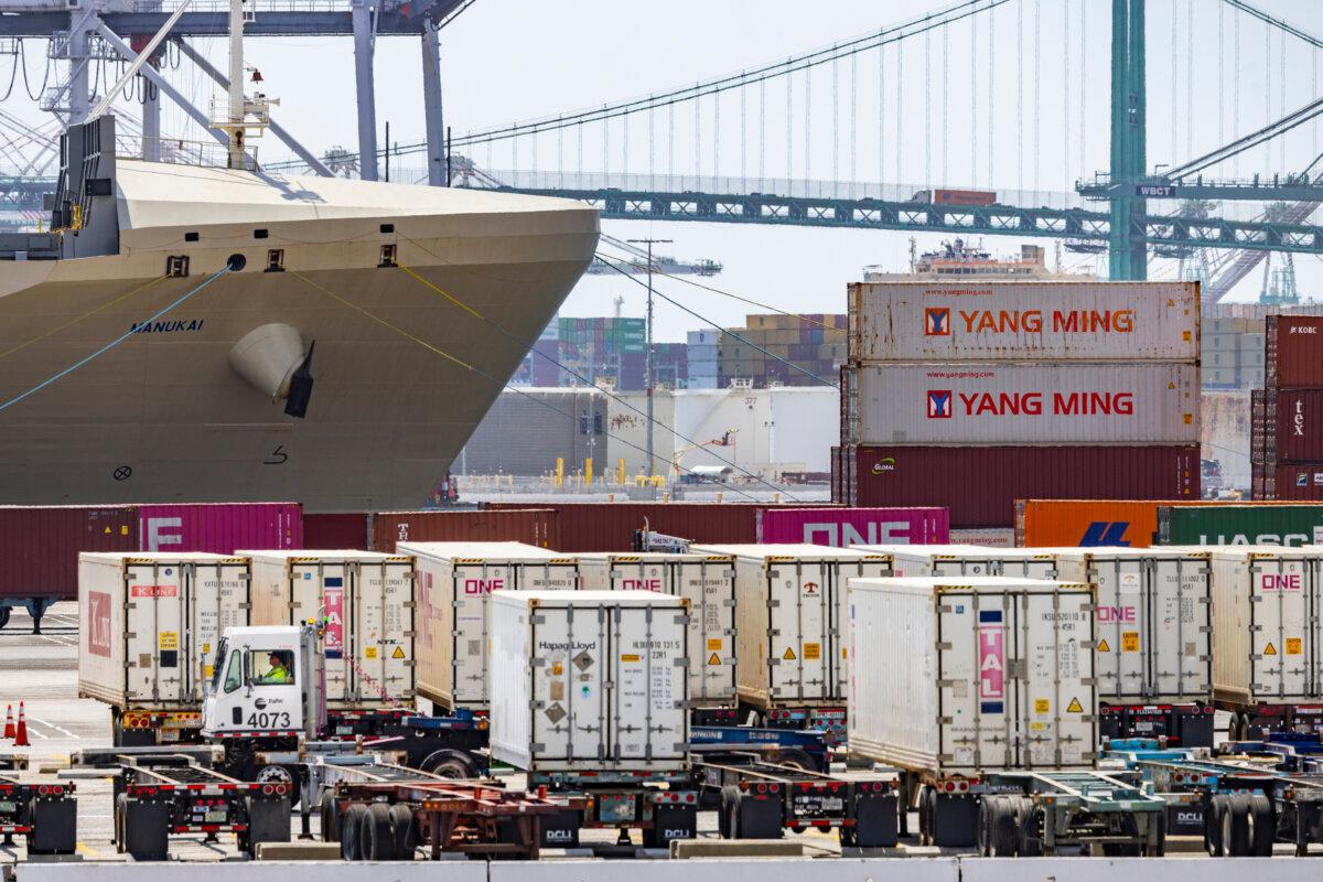 Shipping containers line the Port of Los Angeles on March 28, 2025. (John Fredricks/The Epoch Times)
