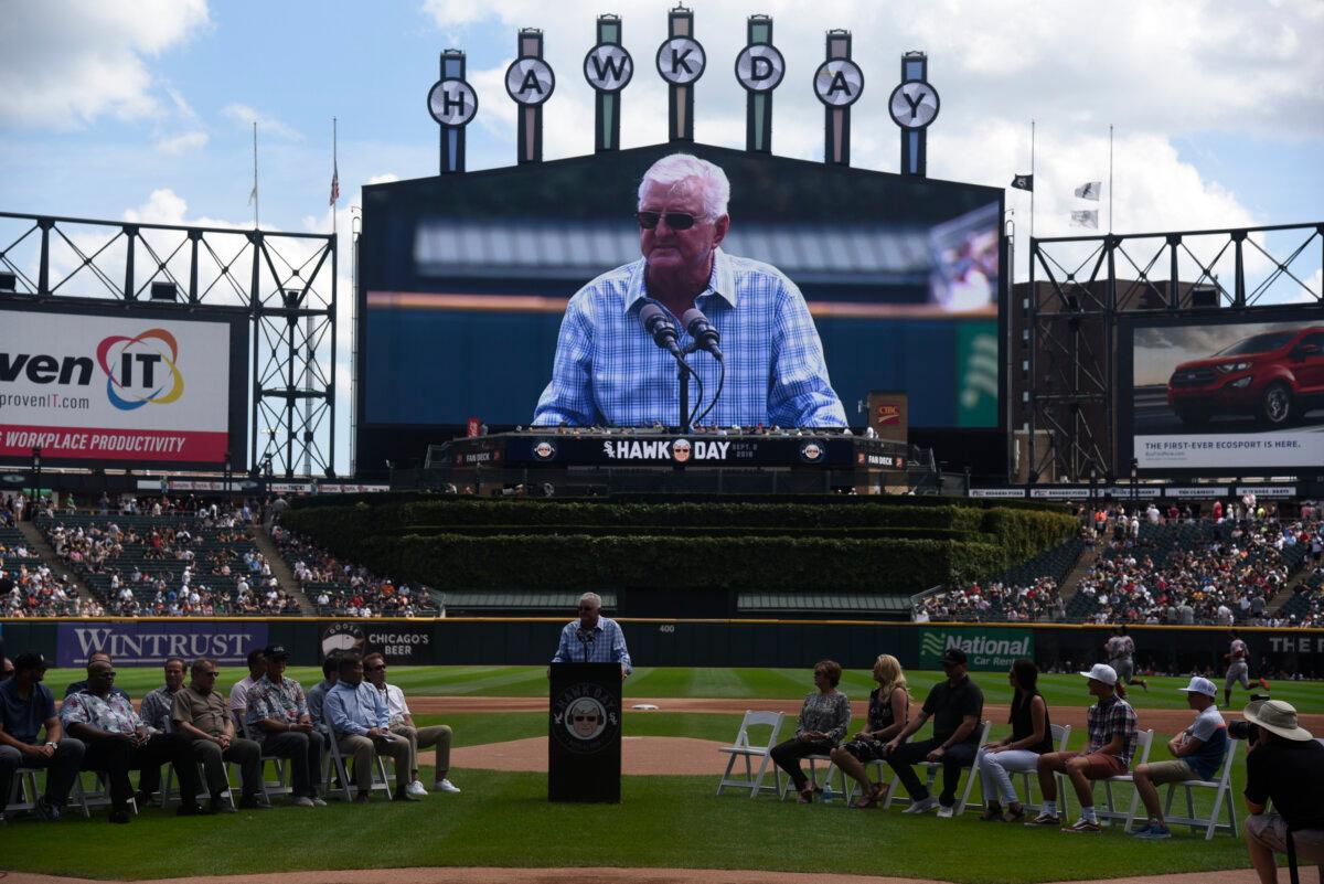 Chicago White Sox Broadcasting Station Ken "Hawk" Harrelson speaks to the crowd on Hawk's Day as he was praised by the White Sox before a match between the Chicago White Sox and the Boston Red Sox on Sept. 2, 2018 at the Guaranteed Rate Field in Chicago, Illinois.
