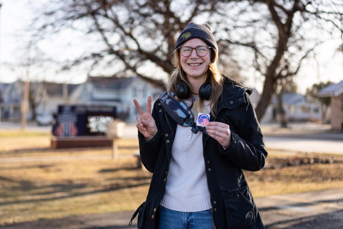 Katie Harvey, 32, of Green Bay, Wis., after voting during the Wisconsin Supreme Court elections in Green Bay, Wis., on April 1, 2025. (Madalina Vasiliu/The Epoch Times)