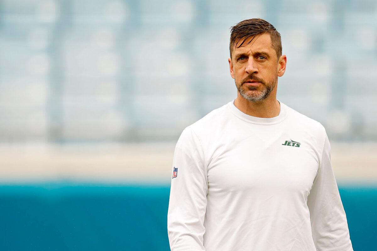 Aaron Rodgers, then #8 of the New York Jets, looks on before the game against the Jacksonville Jaguars at EverBank Stadium in Jacksonville, Fla., on Dec. 15, 2024. (Mike Ehrmann/Getty Images)