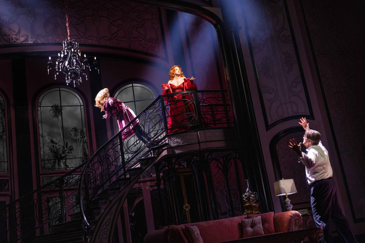 Audience members who have seen the film version of "Death Becomes Her" will surely remember the infamous staircase scene, repeated here in the musical version of "Death Becomes Her." (Matthew Murphy and Evan Zimmerman)