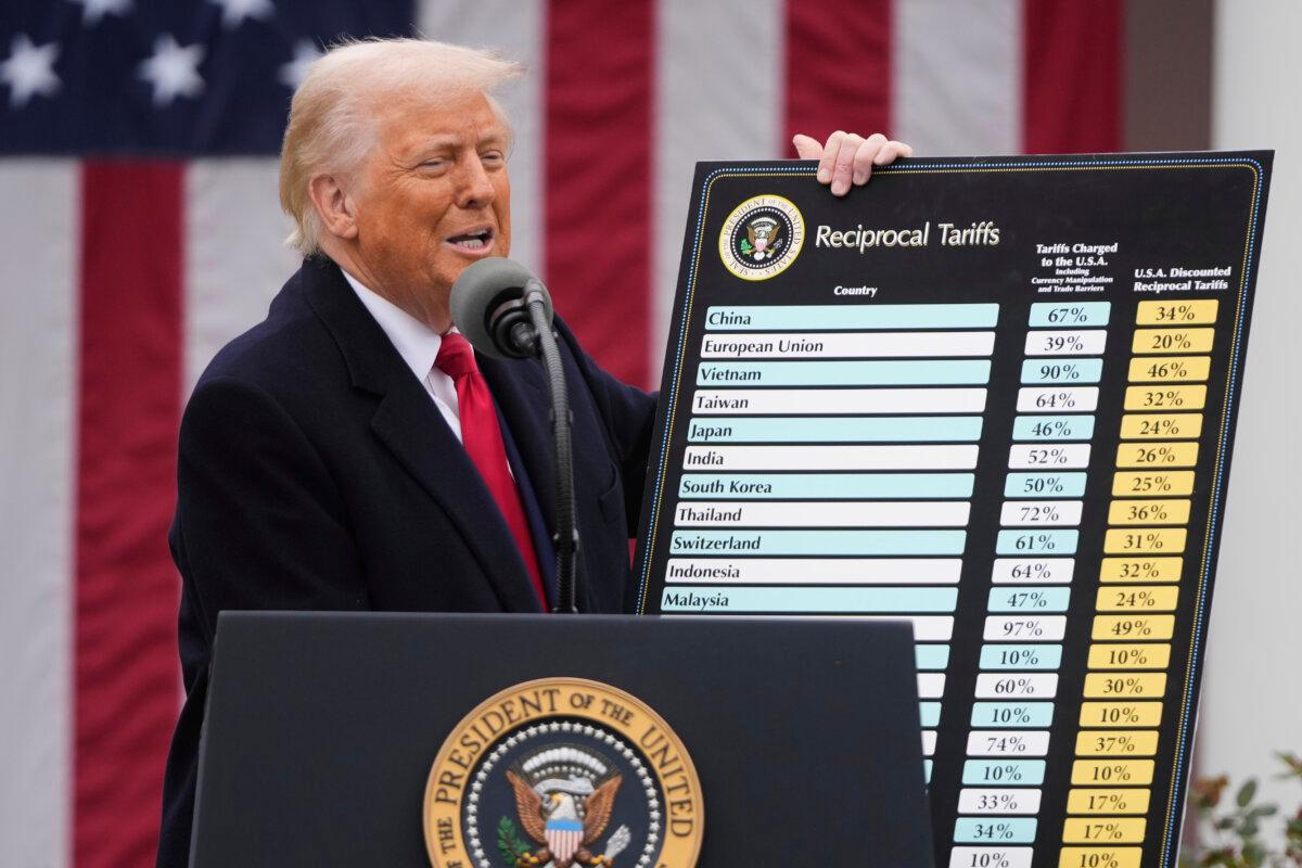 President Donald Trump speaks during an event to announce new tariffs in the Rose Garden at the White House on April 2, 2025. (Mark Schiefelbein/AP Photo)
