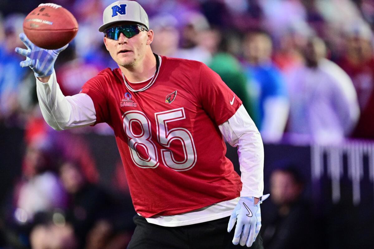 Trey McBride #85 of the Arizona Cardinals competes during the 2025 NFL Pro Bowl Games at Nicholson Fieldhouse on the UCF Campus in Orlando, Fla., on Jan. 30, 2025. (Julio Aguilar/Getty Images)