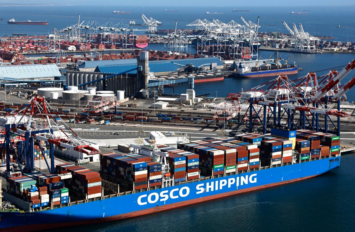 A Cosco Shipping container ship, China's largest shipping line, loaded with shipping containers in the Port of Long Beach, Calif., on April 3, 2025. (Tama/Getty Images)