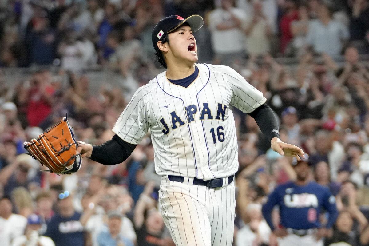 Shohei Ohtani of Team Japan reacts after the final out of the World Baseball Classic Championship defeating Team USA 3–2 at loanDepot park in Miami, Florida, on March 21, 2023. (Eric Espada/Getty Images)