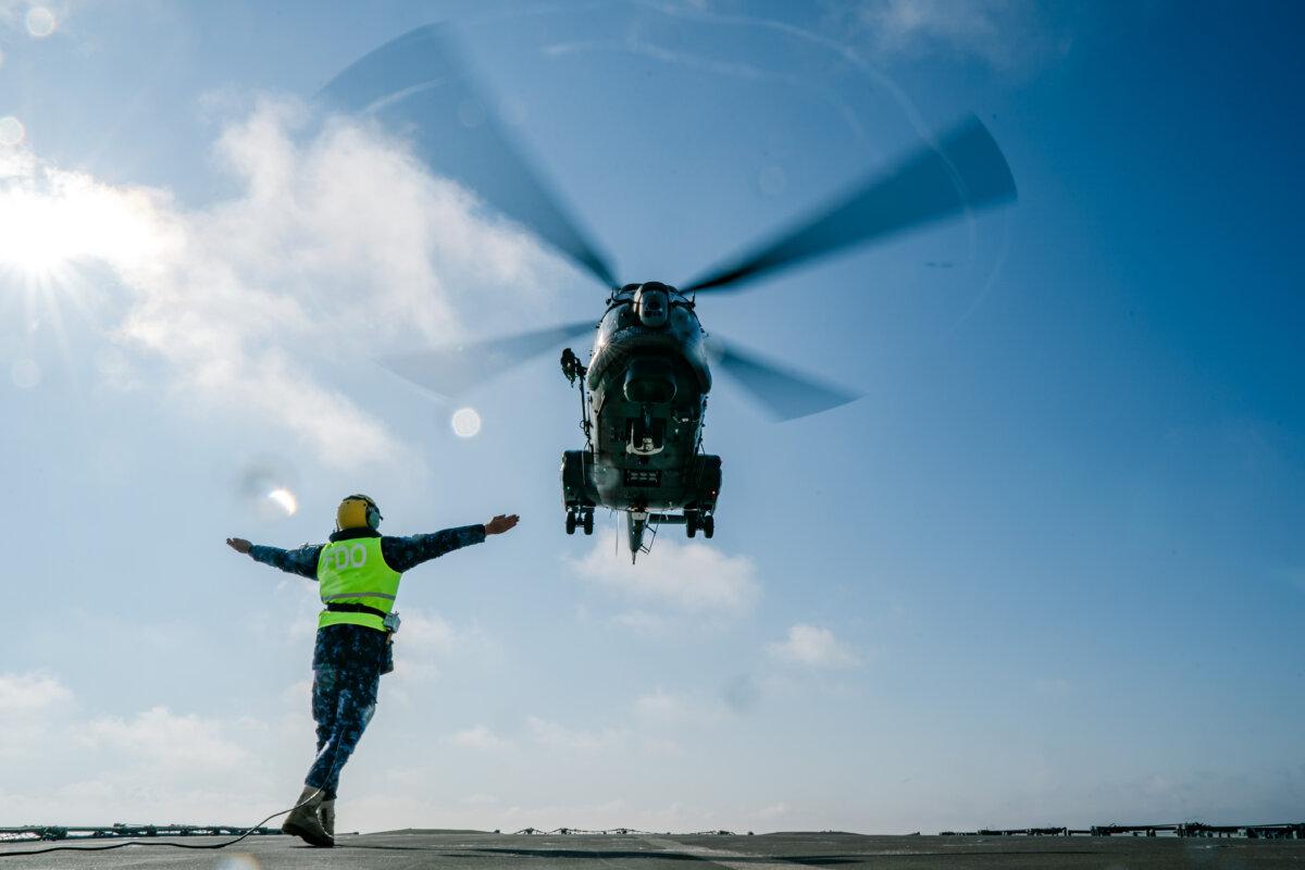 Romanian soldiers take part in the Sea Shield 25 multinational military exercise on board the frigate Regina Maria in the Black Sea, off the coast of Constanta, Romania, on April 8, 2025. (Andrei Pungovschi/Getty Images)
