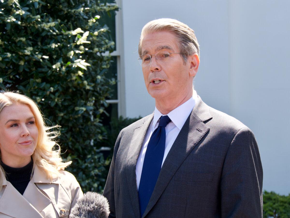 Treasury Secretary Scott Bessent speaks to reporters outside the White House in Washington, D.C., on April 9, 2025. (Travis Gillmore/The Epoch Times)