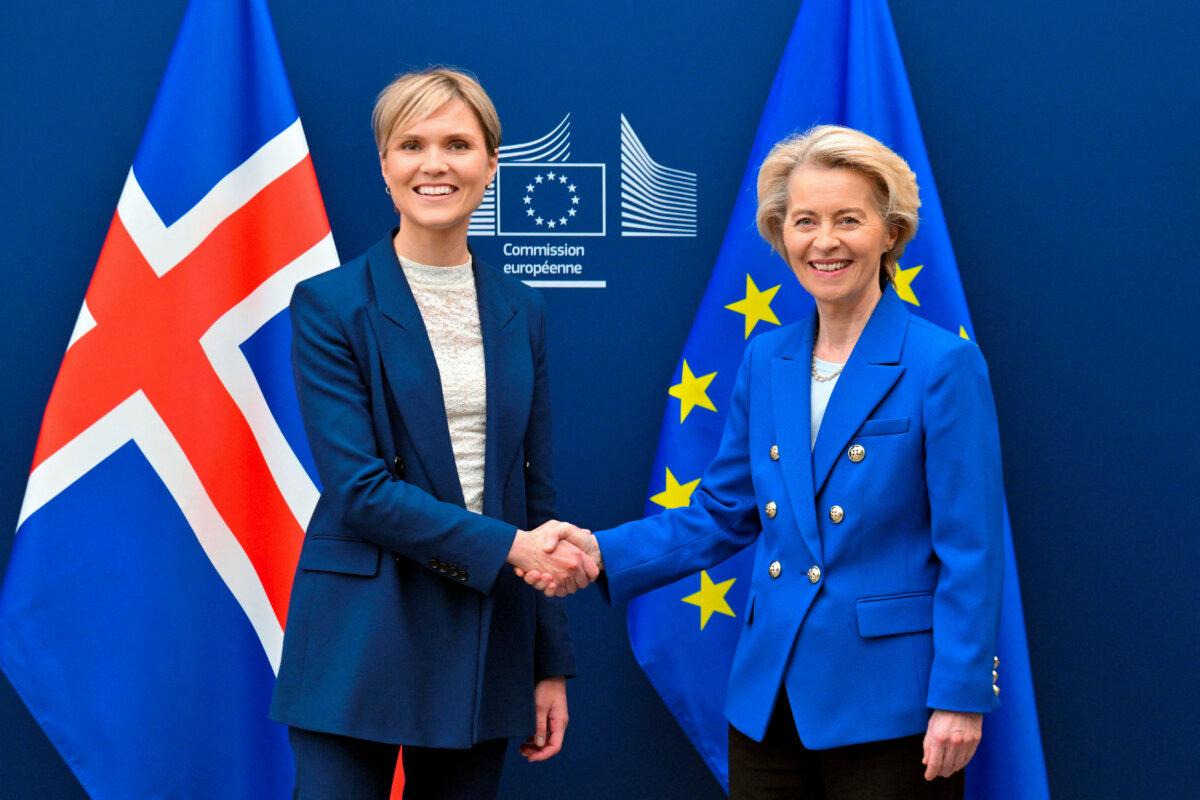 European Commission President Ursula von der Leyen (R) and Icelandic Prime Minister Kristrun Frostadottir shake hands prior to a meeting at the EU Commission headquarters in Brussels on April 9, 2025. (Nicolas Tucat/AFP via Getty Images)