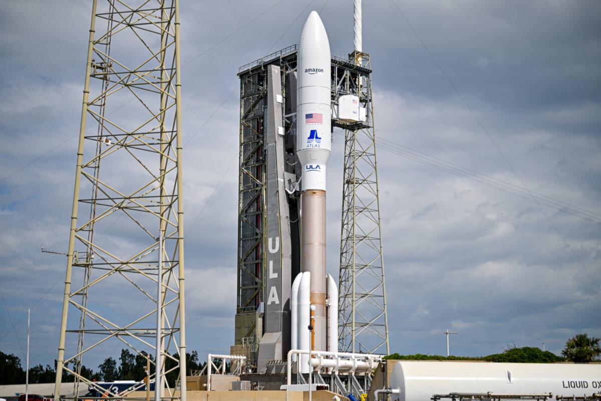 A United Launch Alliance Atlas V rocket carrying Amazon Project Kuiper waits for launch on April 9, 2025, in Cape Canaveral, Fla. (Miguel J. Rodriguez Carrillo/Getty Images)