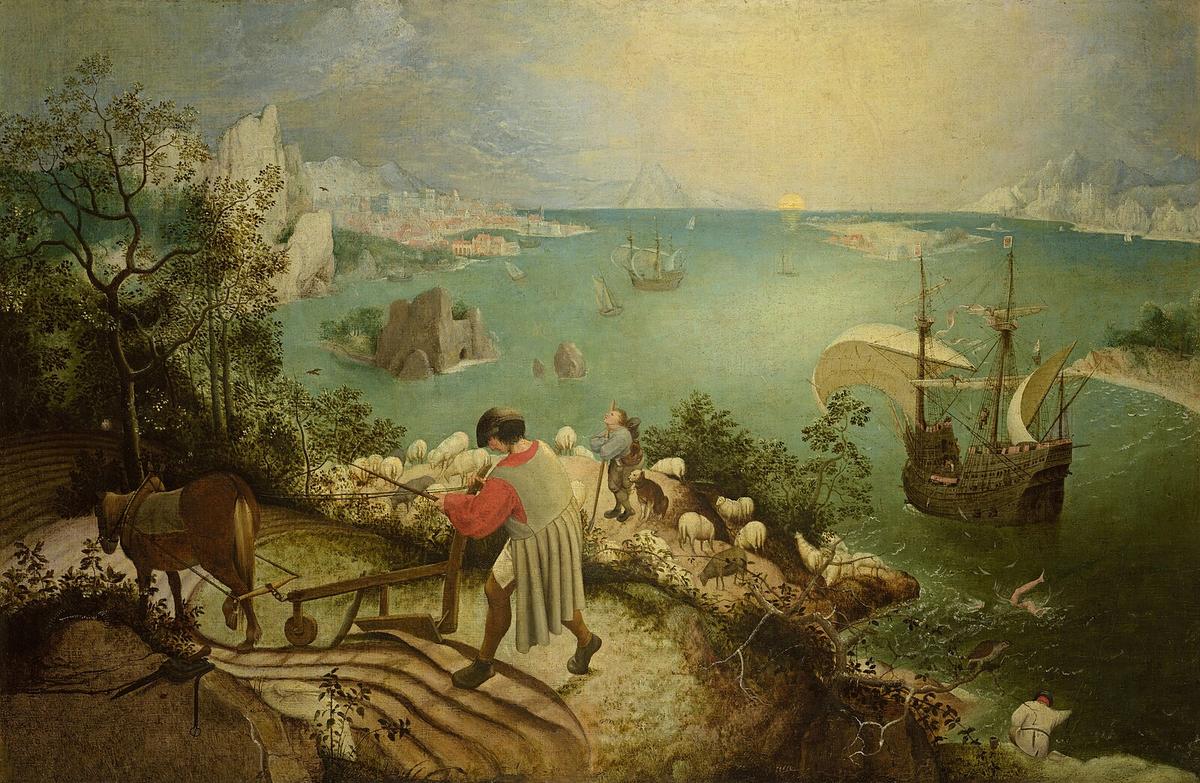 "Landscape With the Fall of Icarus," 1560, by Pieter Bruegel the Elder. Oil on canvas; 28 11/12 inches by 44 inches. Royal Museums of Fine Arts of Belgium, Brussels. (Public Domain)