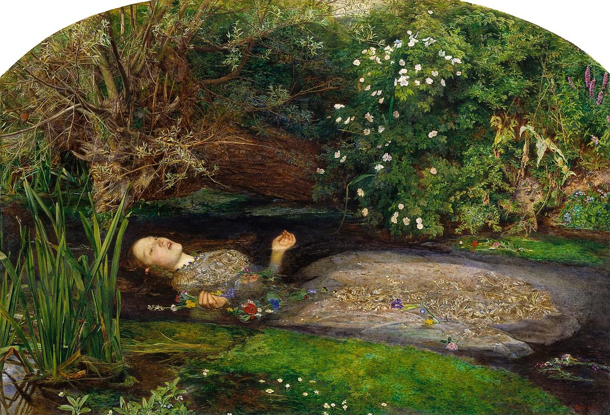 "Ophelia," 1851, by John Everett Millais. Oil on canvas; 30 inches by 44 inches. Tate Britain, London. (Public Domain)
