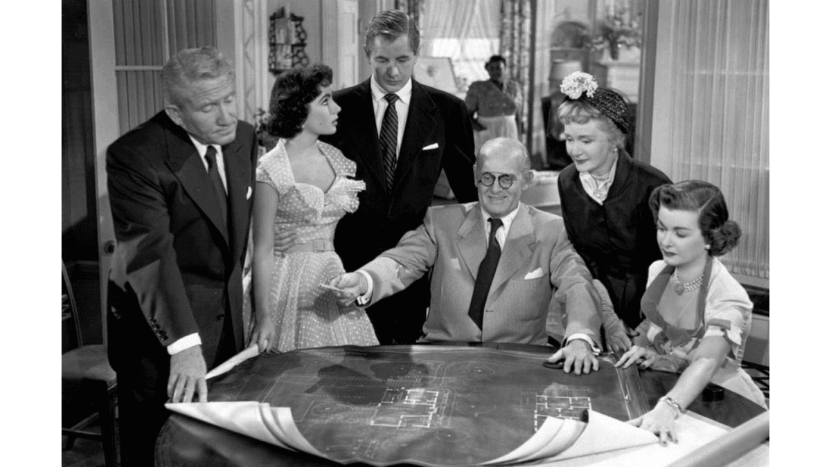 (L–R) Stanley Banks (Spencer Tracy), Kay Dunstan (Elizabeth Taylor), Buckley Dunstan (Don Taylor), Herbert Dunstan (Moroni Olsen), Doris Dunstan (Billie Burke), and Ellie Banks (Joan Bennett), in “Father’s Little Dividend.” (Metro-Goldwyn-Mayer/MovieStillsDB)