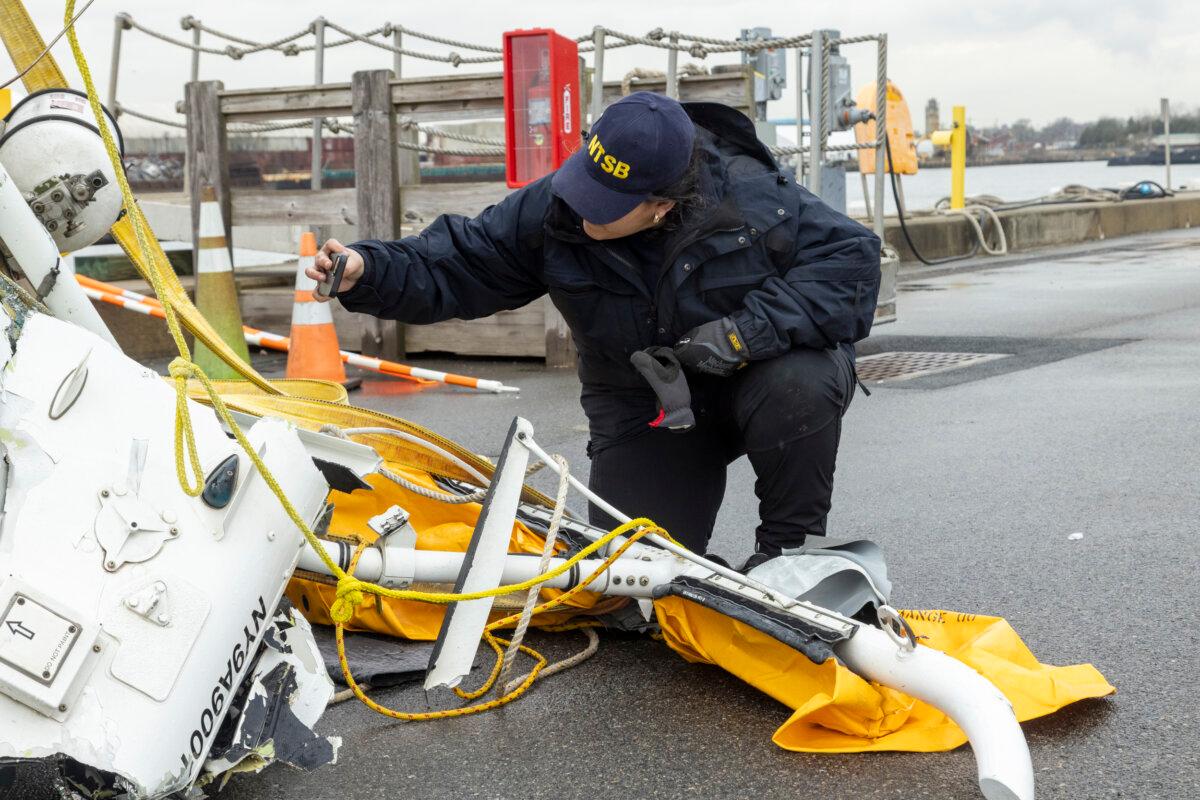 Team members of the National Road Safety Board will investigate the wreckage recovered from a Bell 206 L-4 helicopter that hit the Hudson River on April 10, 2025 near Jersey City, New Jersey.