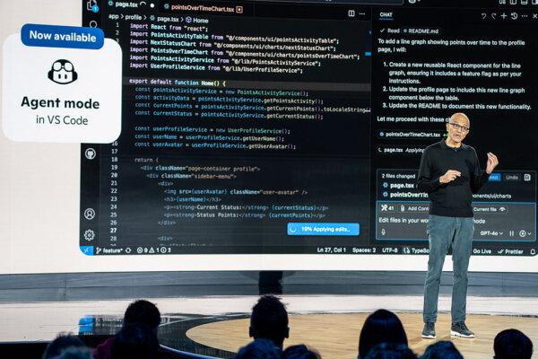Microsoft CEO Satya Nadella speaks during an event highlighting Microsoft Copilot agents in Redmond, Wash., on April 4, 2025. (Stephen Brashear/Getty Images)