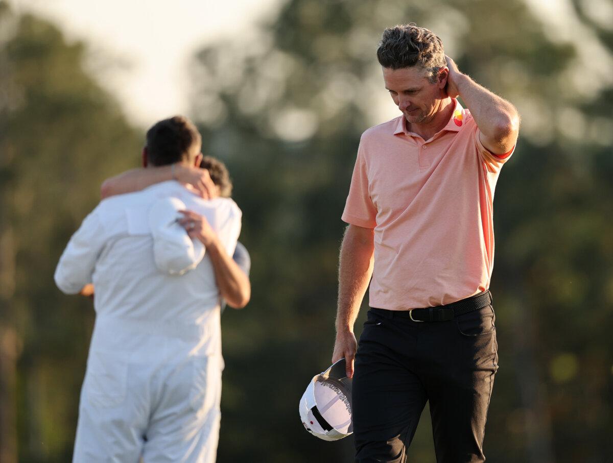Justin Rose of England reacts after losing the playoff on the 18th green in the final round of the 2025 Masters Tournament at Augusta National Golf Club in Augusta, Georgia, on April 13, 2025. (Michael Reaves/Getty Images)