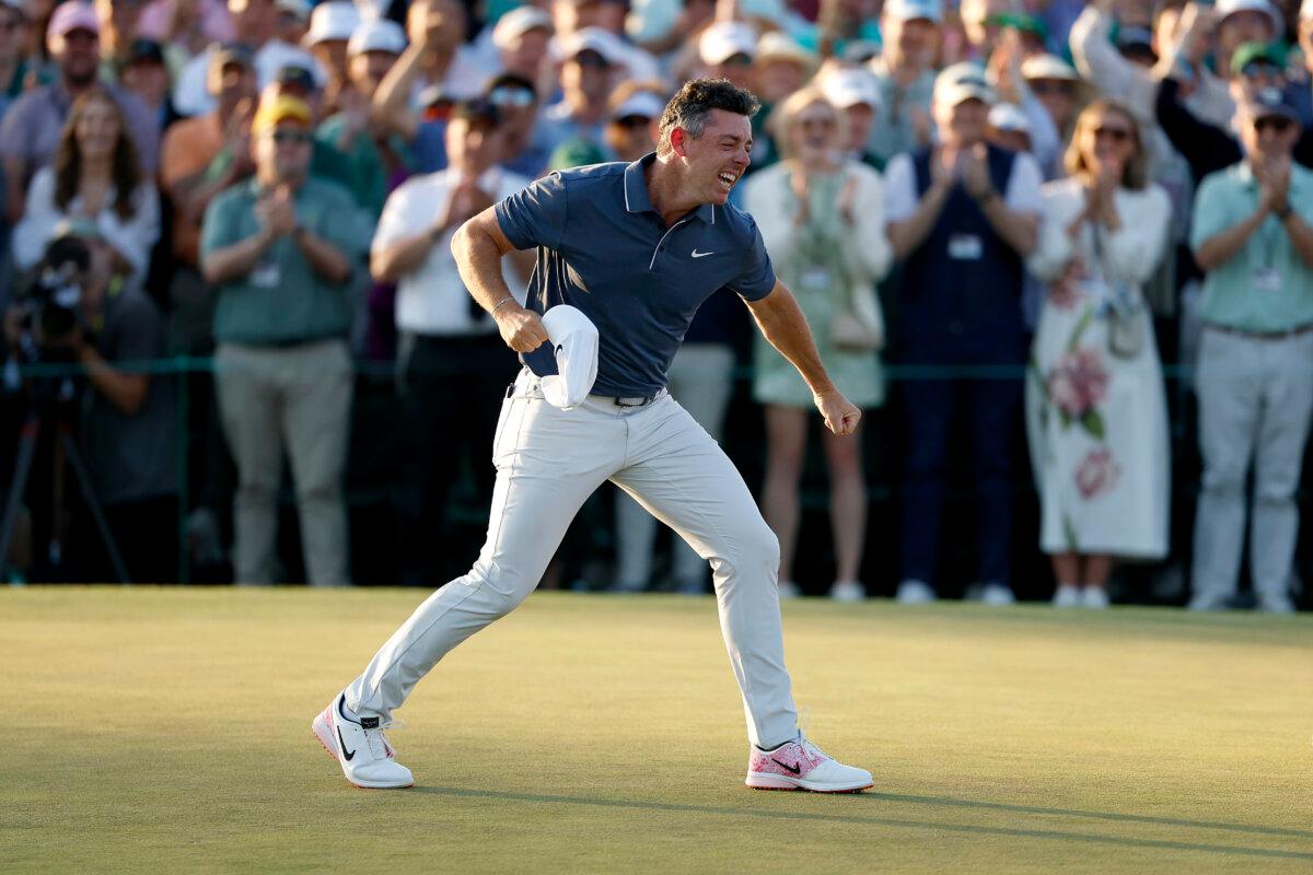 Rory McIlroy of Northern Ireland celebrates after putting for a birdie during the first playoff hole and winning the final round of the 2025 Masters Tournament at Augusta National Golf Club in Augusta, Georgia, on April 13, 2025. (Harry How/Getty Images)