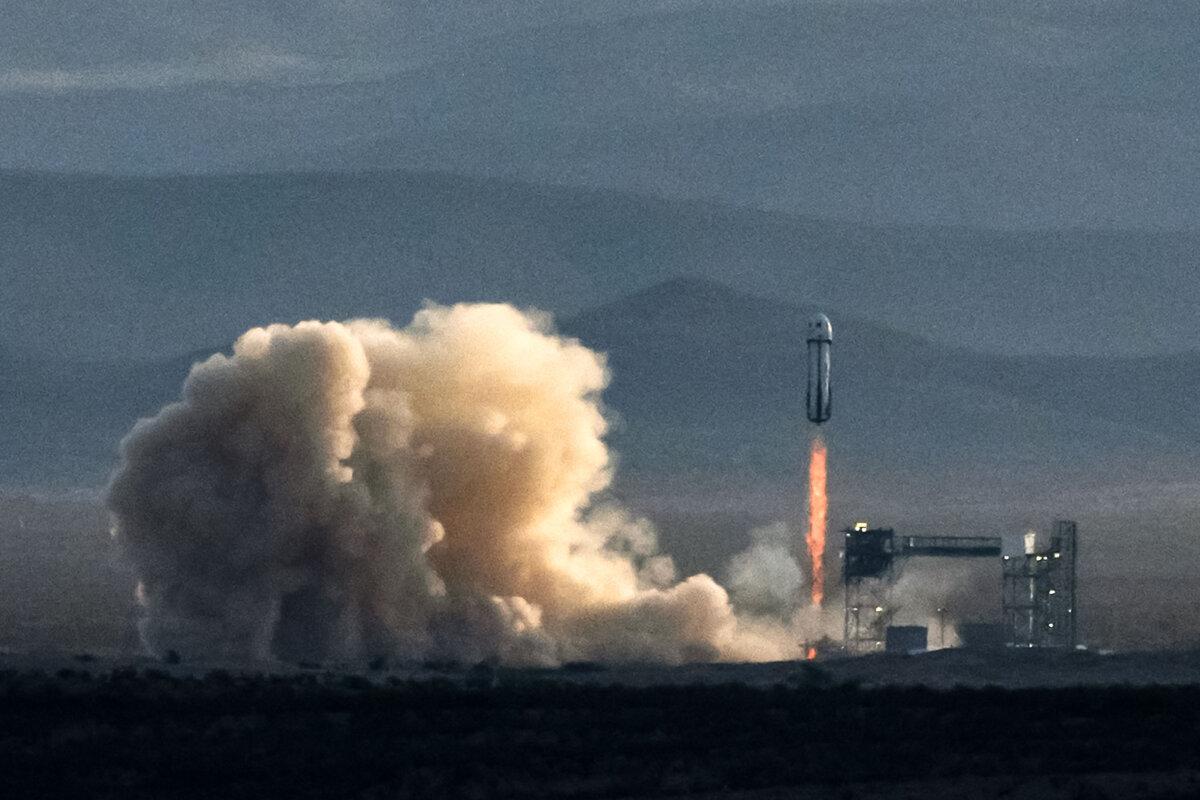 Blue Origin's New Shepard rocket carrying astronauts Aisha Bowe, Amanda Nguyn, Kerianne Flynn, Gayle King, Katy Perry, and Lauren Sánchez lifts off from Launch Site One in Van Horn, Texas, on April 14, 2025. (Justin Hamel/Getty Images)