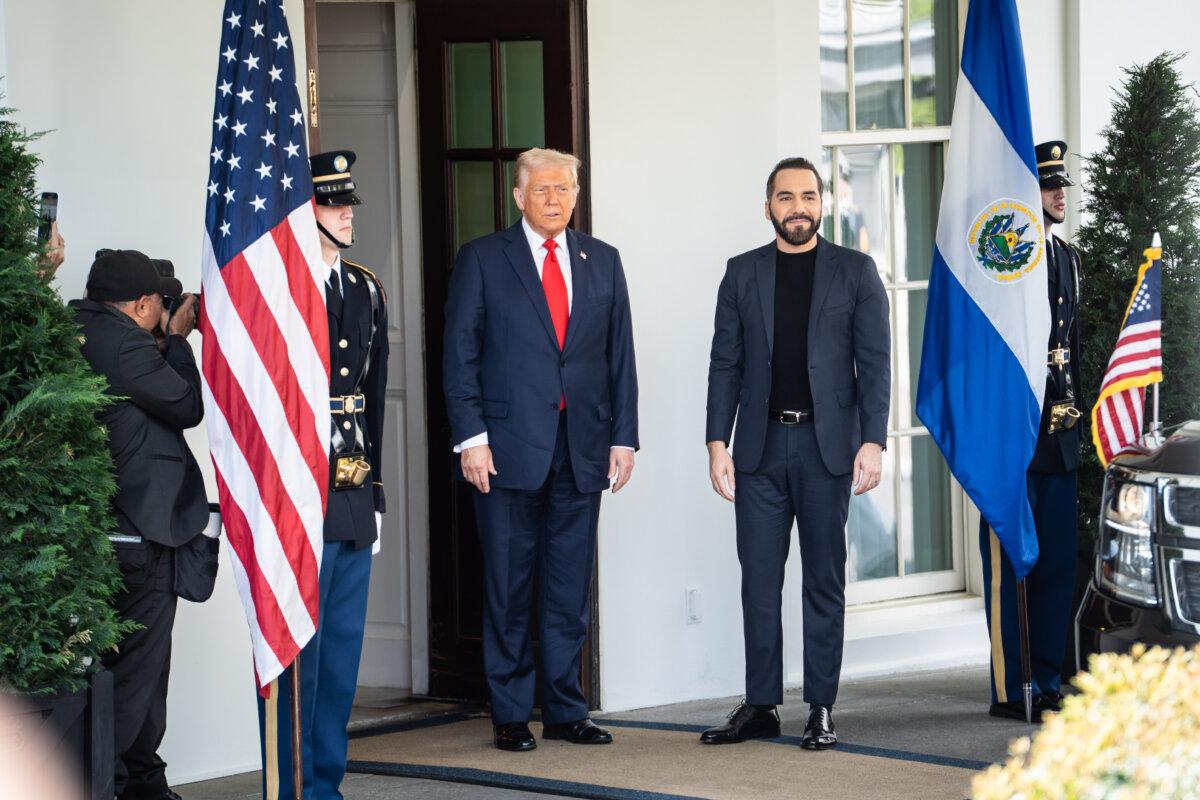U.S. President Donald Trump greets Salvadoran President Nayib Bukele at the White House on April 14, 2025. (Madalina Vasiliu/The Epoch Times)