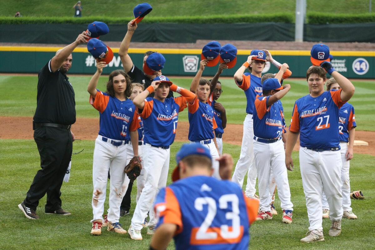 Team Michigan players celebrate winning the 2021 Little League World Series championship game against Team Ohio at Howard J. Lamade Stadium in Williamsport, Pa., on Aug. 29, 2021. (Joshua Bessex/Getty Images)