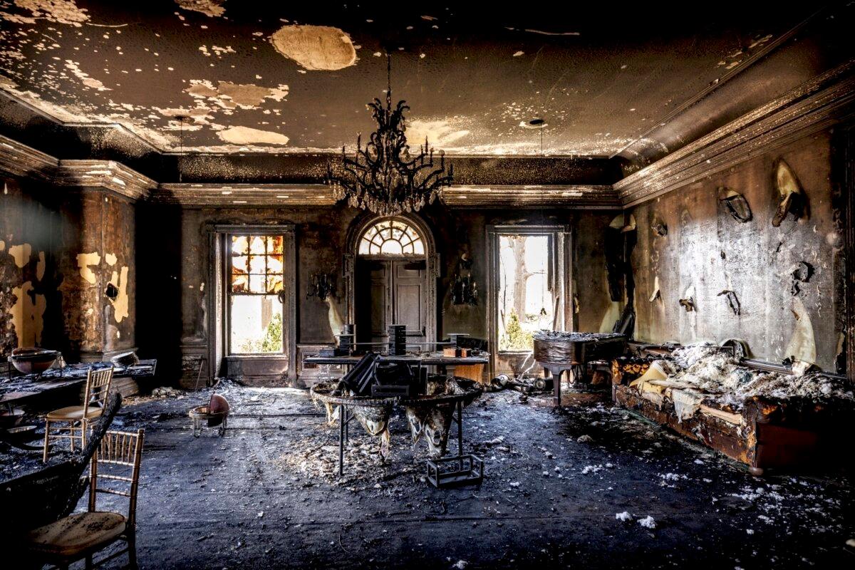 This image provided by Commonwealth Media Services shows damage after a fire at the Pennsylvania governor’s mansion while Democratic Gov. Josh Shapiro and his family slept inside on Sunday, April 13, 2025, in Harrisburg, Pa. (Commonwealth Media Services via AP)
