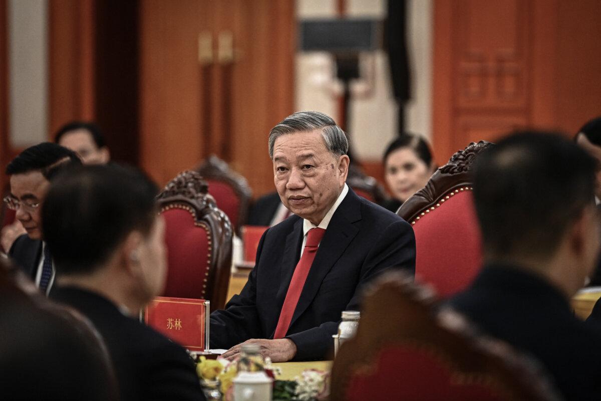Vietnamese Communist Party leader To Lam (C) attends a meeting with his Chinese counterpart, Xi Jinping at the Office of the Party Central Committee in Hanoi, Vietnam, on April 14, 2025. (Nhac Nguyen/POOL/AFP via Getty Images)