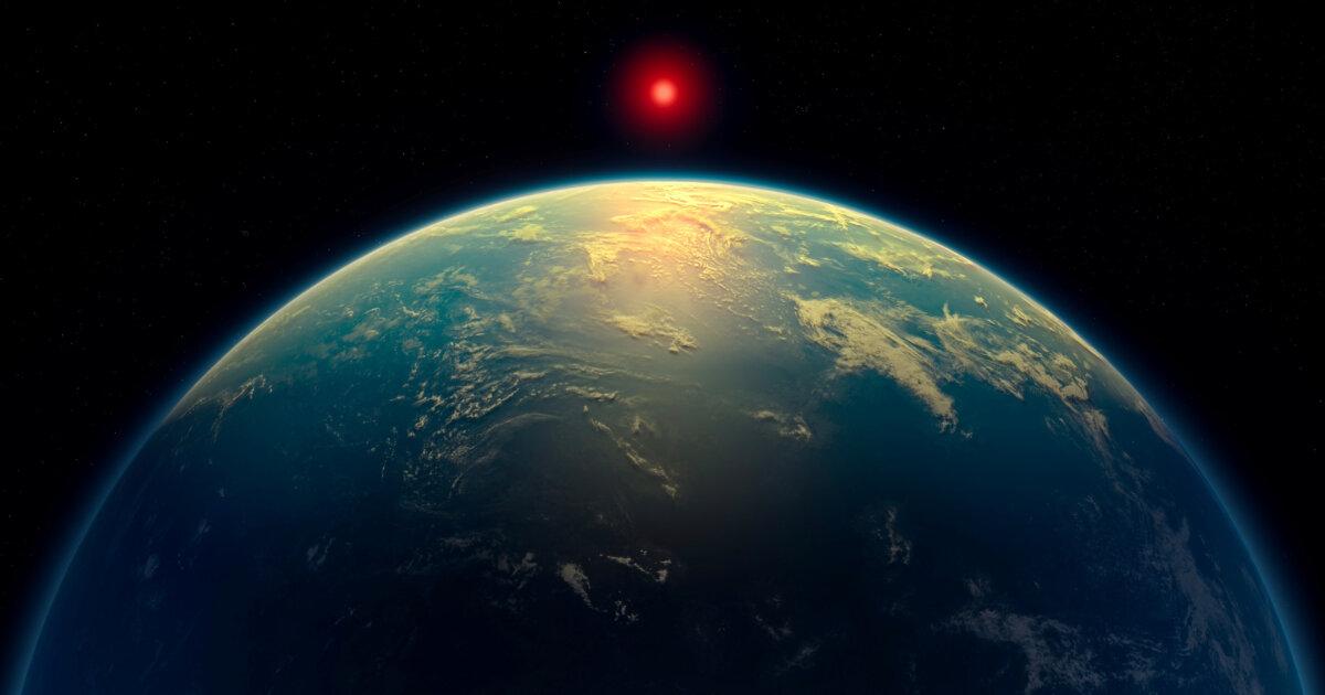 An illustration shows a hycean world—an exoplanet with a liquid water ocean beneath a hydrogen-rich atmosphere—orbiting a red dwarf star, in an illustration obtained on April 16, 2025. (A. Smith, N. Madhusudhan/University of Cambridge/Handout via Reuters)