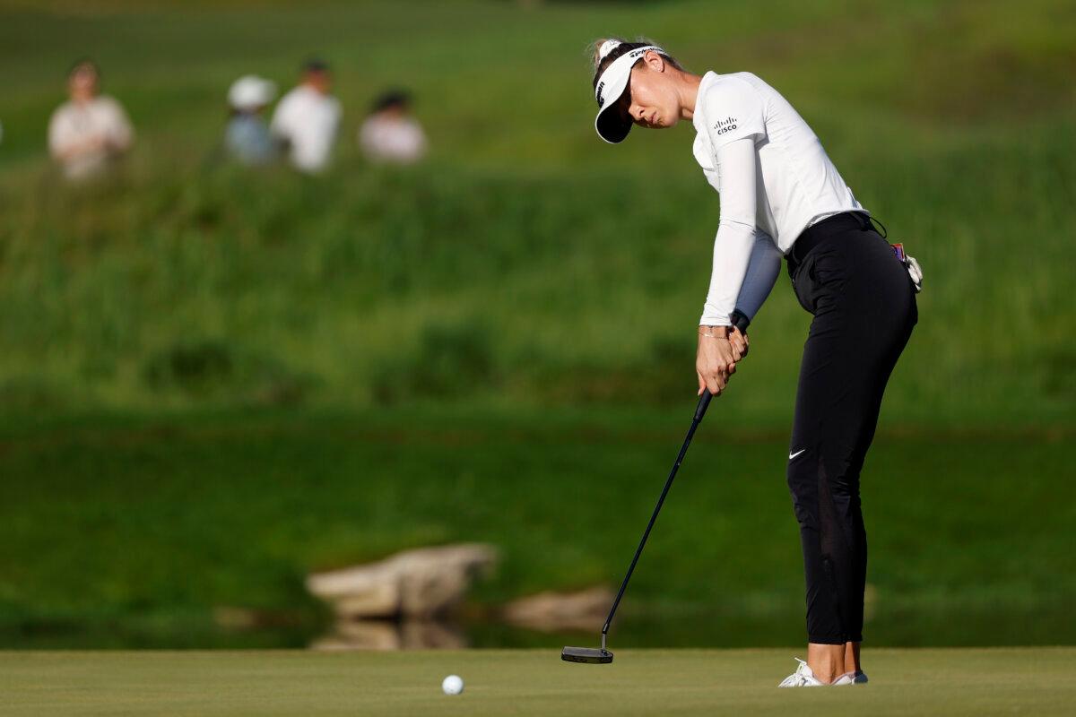 Nelly Korda of the United States putts on the 16th green during the final round of the Mizuho Americas Open at Liberty National Golf Club in Jersey City, N.J., on May 19, 2024. (Sarah Stier/Getty Images)
