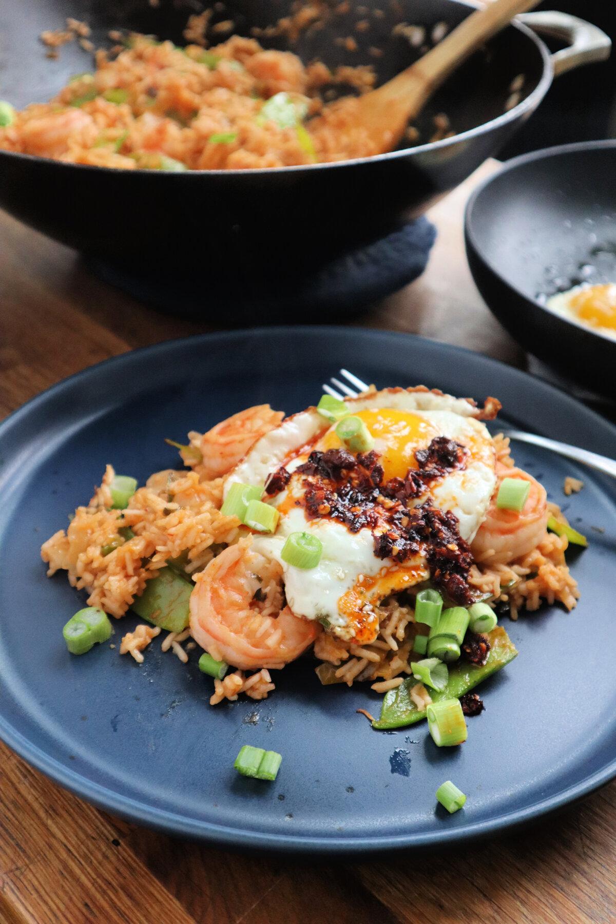 Kimchi adds a spicy kick to this easy shrimp and rice stir-fry. (Gretchen McKay/Pittsburgh Post-Gazette/TNS)