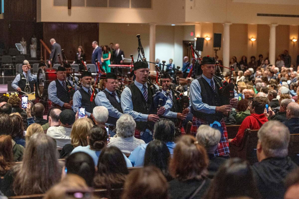 Oklahoma Fire Pipes and Drums start the 30th anniversary memorial service for the victims of the 1995 Oklahoma City bombing, in Oklahoma City, on April 19, 2025. (Alonzo Adams/AP Photo)