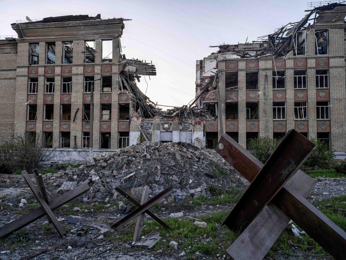 A ruined city center in Kostyantynivka, the site of heavy battles with Russian troops, on April 19, 2025. (Iryna Rybakova/Ukraine's 93rd Mechanized Brigade via AP)