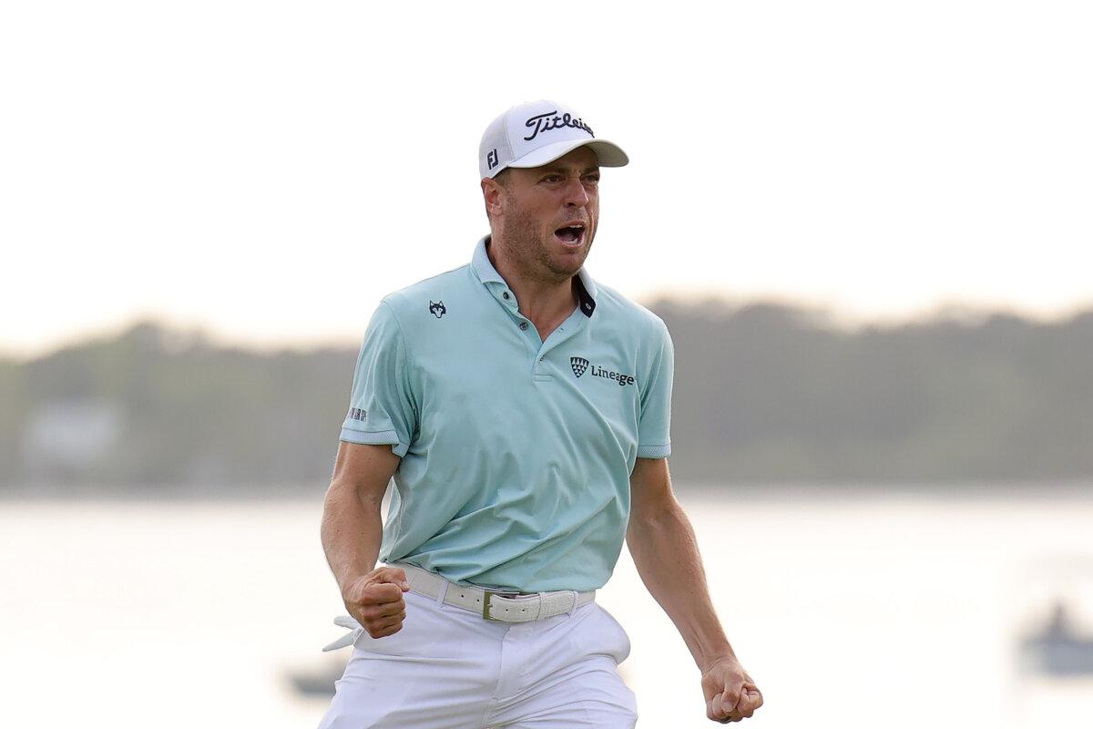 Justin Thomas of the United States celebrates on the 18th green during the first playoff hole after winning the final round of the RBC Heritage 2025 at Harbour Town Golf Links in Hilton Head Island, South Carolina on April 20, 2025. (Andrew Redington/Getty Images)
