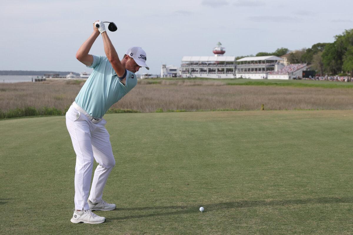 Justin Thomas of the United States plays his shot from the 18th tee during the final round of the RBC Heritage 2025 at Harbour Town Golf Links in Hilton Head Island, South Carolina on April 20, 2025. (Andrew Redington/Getty Images)