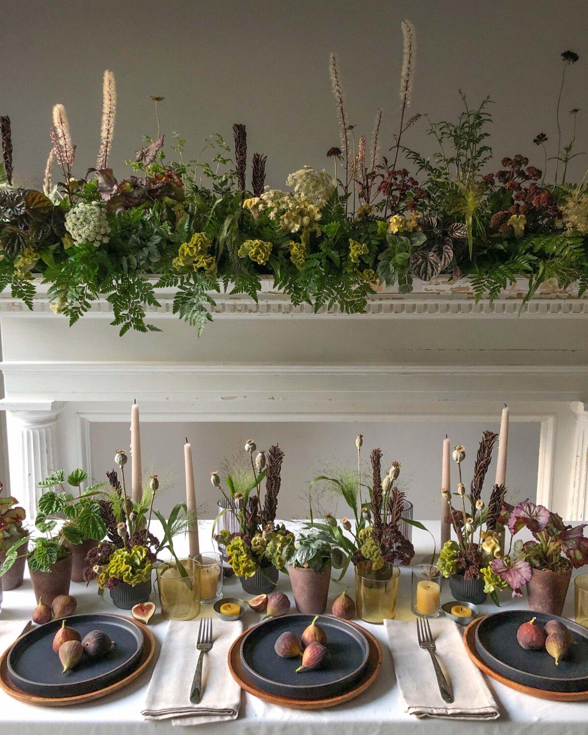 Figs, begonias, grasses, celosias, and peperomias set a lush scene for a groom’s dinner in September. Fox layered the fresh florals with dried poppy seed pods and yarrow for extra texture, shape, and color. (Ashley Fox)