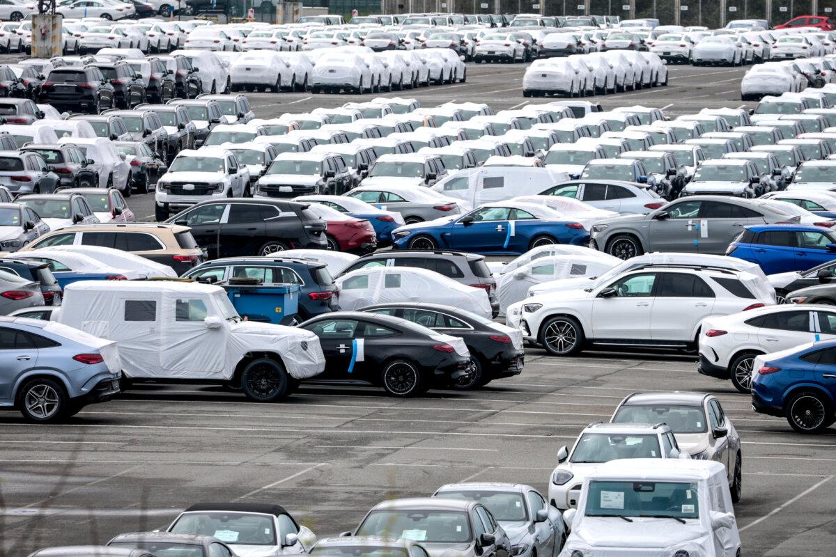 Cars of different brands destined for import or export parked at the automotive terminal of Bremerhaven port in Bremerhaven, Germany, on April 22, 2025. (Focke Strangmann/Getty Images)