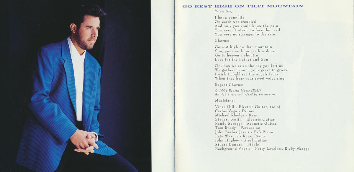 Compact disc pamphlet from Vince Gill's 1994 album "When Love Finds You," featuring hit song "Go Rest High On That Mountain." Internet Archive. (Public Domain)