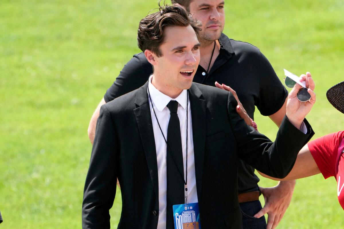 David Hogg talks to people after speaking at the 60th Anniversary of the March on Washington at the Lincoln Memorial in Washington on Aug. 26, 2023. (Andrew Harnik/AP Photo)